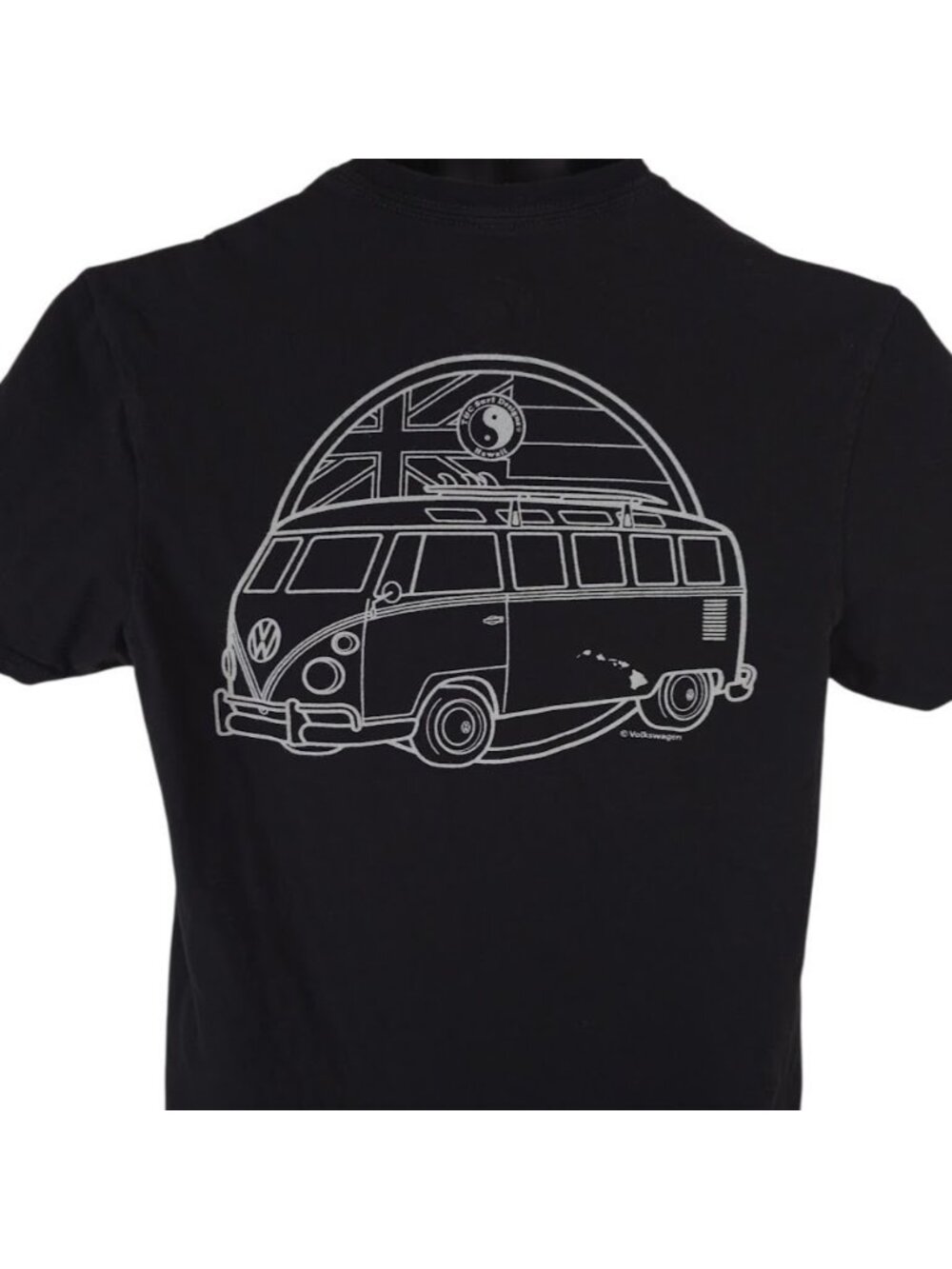 T&C Surf Designs T Shirt Mens Size Small Black Volkswagen VW Van Hawaiian Flag
